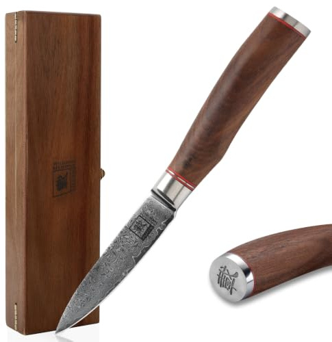 zayiko Kurumi Officemesser 9,5 cm, 67 Lagen Damaststahl, VG10 Kern, Holzbox | Nussbaumholzgriff, 15° V-Schliff beidseitig, 60 ± 2 HRC, zum Schälen, Putzen und Dekorieren, auch für Rechts- und Linkshänder