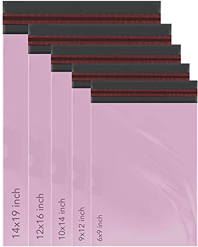 iSOUL 100 Mixed Mailing Poly Postal Self Seal Bags 5 Sizes 20 from Each Small to Large Mailing Bags Postage Packaging Assorted Mailers Posting Shipping Post Parcel Package Bags - Pink