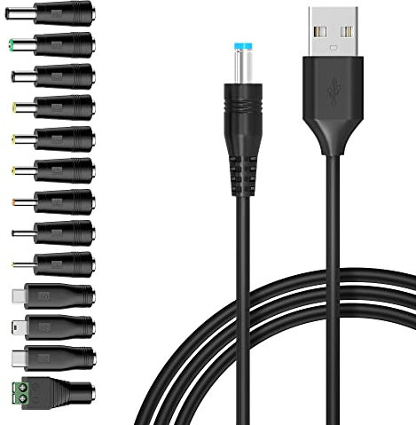 Zolt USB to DC 5V Cable - Universal Power Cord With 13 DC Plugs, 5.5x2.5mm Type C Micro USB Mini USB and More