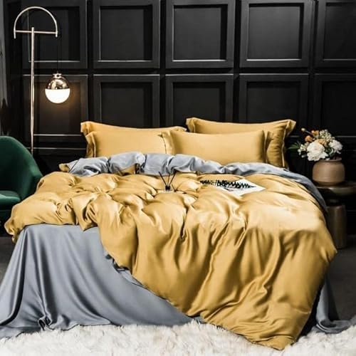 VIRUL Ensemble de literie en Soie Bleu foncé Ensemble de Housse de Couette en Soie Drap Plat Linge de lit Taie d'oreiller