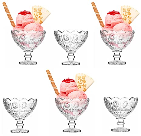 Khanary Ice Cream Glass Bowls, Dessert Fruit Salad Bowls, Footed Embossed Crystal– Appetizer Fruit Cocktail Pedestal Pudding Glass Cups Set of 6