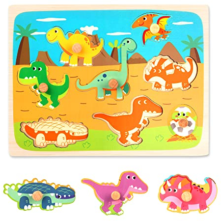 Holzpuzzle ab 1 2 3 Jahr Kinder Steckpuzzle Montessori Holz Steckspiel, Greifpuzzle Holzspielzeug, Dinosaurier Puzzle Lernspielzeug für Baby Junge Mädchen Geschenk