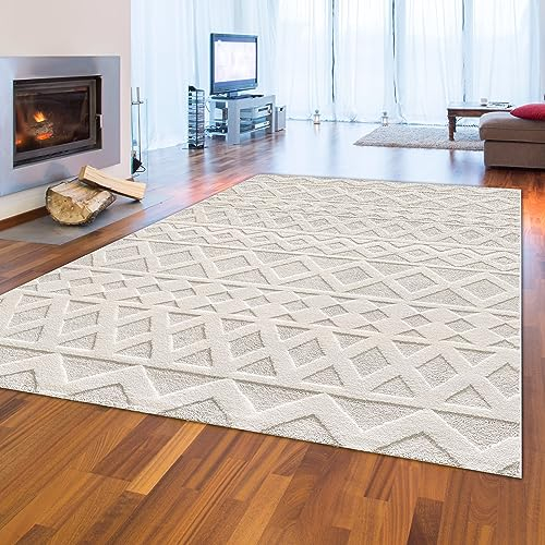 Teppich-Traum Wohnzimmer Kinderzimmer Junge mädchen Designerteppich Kurzflor Skandinavisches Rauten Muster Creme Boho Style 120x170 cm