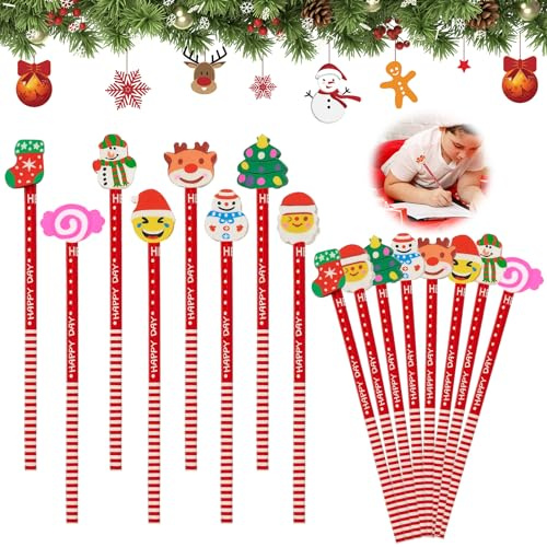 Capgoost Weihnachtsstifte, 24 Stück Bleistift mit Radiergummi Weihnachten, Holz Weihnachten HB Bleistift Set, Weihnachtsmann Bleistifte Weihnachten Mitgebsel Party Geschenk(Zufälliger Stil)