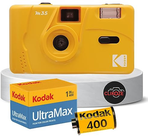 Lot de 2 appareils photo réutilisables comprenant un appareil photo Kodak M35 35 mm, un film Kodak 35 mm 36 poses et une carte Clikoze Tips (jaune)