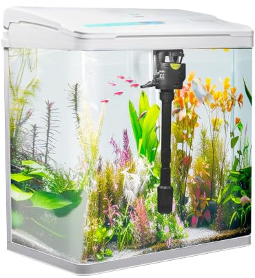 VIALIA Aquarium Komplettset 8 Liter, LED, Pumpe & Filter, Weiß | Sofort startklares Nano Glasbecken, 24 x 17 x 29 cm, mit gebogener Panoramascheibe – für Einsteiger, Büro und Wohnzimmer