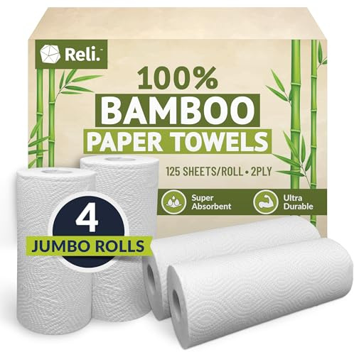 Reli. Bamboo Paper Towels (4 Pack, Jumbo) | Paper Towels Rolls 2 Ply