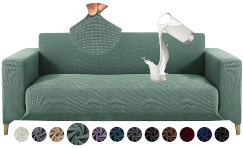 Alishomtll Sofa Überzug 3 Sitzer Stretch Sofabezug Universal Wasserabweisend Couch Überzug Sofaüberwürfe Elastische Jacquard Couchbezug rutschfest Sofaschoner für Hunde Katzen (185-230cm, Matchagrün)