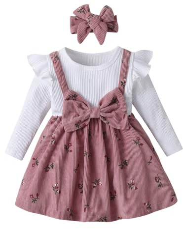 Baby-Mädchenkleidung Kleid mit Langen Rüschenärmeln, Outfits mit Schleife und Hosenträgern, Rock