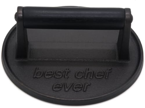 JNXHON Best Chef Ever Heavy Duty Cast Iron Grill Press Burger Press Bacon Press Barbecue Press Meat Press Burger Smasher Round Flat Press with Anti Scalding Wooden Handle Unique Chef Gifts (6.5)