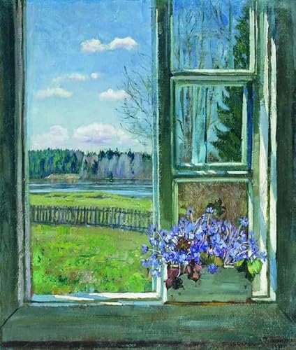NAAYRASA Berühmte Gemälde Bild auf Leinwand Berühmte Leinwand Drucken Fenster mit Veilchen Stanislaw Schukowski Abstrakte Wandkunst für Wohnzimmerdekoration 60x90cm