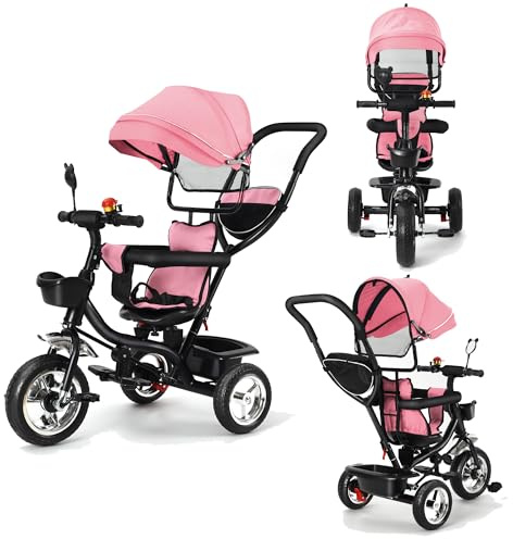 XUANYU Dreirad für Kinder, Mitwachsend, Wendbarer Sitz, Dreirad, Fahrrad, Kinder, Stauraum, Sonnenblende, Teleskopstock, Abnehmbare Pedale, Schiebbar, Für Mädchen und Jungen