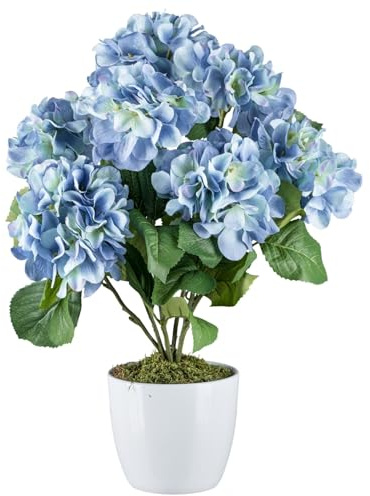 CREATIV Green Künstliche Blaue Hortensie 52 cm im Weißen Keramiktopf - Naturgetreue Blüten Wie Echt Mit 7 Blauen Blüten für Innen - Hochwertige Dekopflanze