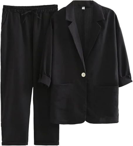 Goolecrimp Damen Lässiger Baumwollleinen-Blazer und gerade geschnittene Hose mit weitem Bein Zweiteiliger Sommer-Business-Arbeitsanzug Business-Casual-Kleid (Schwarz,XXL)