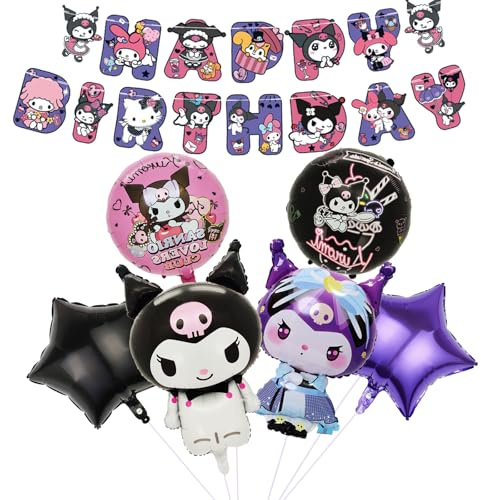 7 Stück Cartoon Geburtstagsdeko Folienballon Set, Cute Kindergeburtstag Deko, Cartoon Luftballons Geburtstag Dekoration Set mit Banner für Kinder Mädchen Themenpartys Dekorationen
