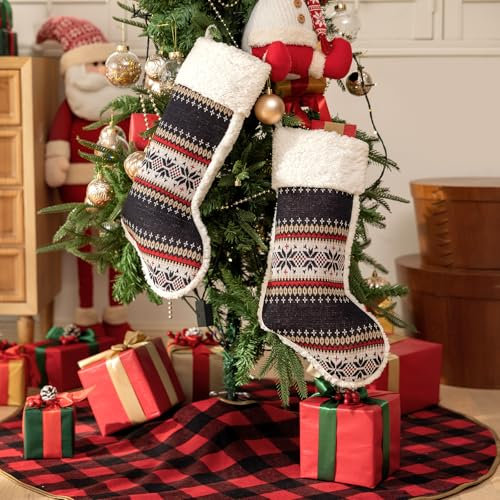 climafusion 2 Stück Nikolausstrumpf Gestricktes Design, Weihnachtsstrumpf 48cm groß, Nikolausstiefel zum befüllen, Deko Weihnachten Kamin Weihnachtsbaum, Schwarz