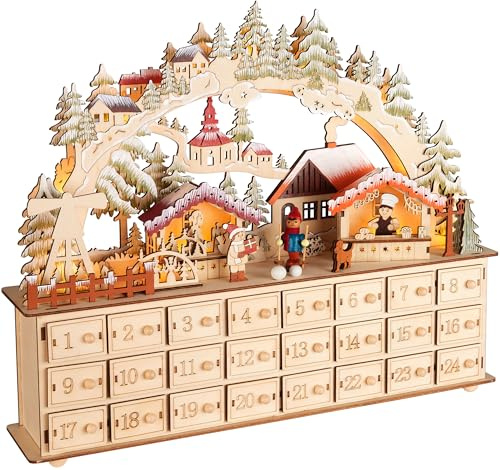 BRUBAKER Adventskalender zum Befüllen - Weihnachtsdorf 2026 - Weihnachtskalender aus Holz mit LED Beleuchtung - Dorf mit Kindern, Bäckerei, Hund und Wald - 40 cm Kalender mit Bogen - Beleuchtet