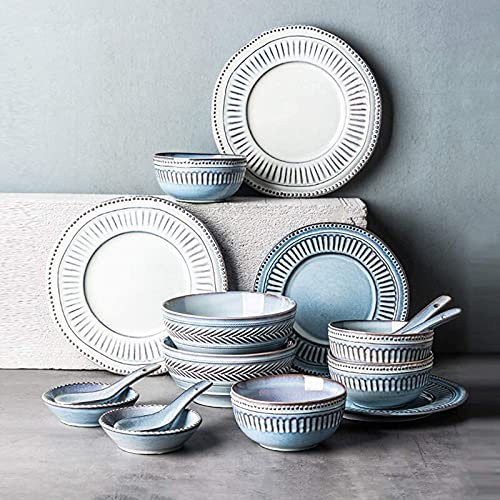 ABNNHK Service de Table résistant, Services de Table en céramique, Service de Table en Porcelaine Artisanale en Relief 16 pièces | Bol à céréales rétro Bleu et Blanc, Assiette à Steak et