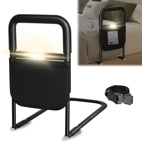 Airminti Bed Rails for Elderly Adults: Adjustable Heights Bed Assist Rail with Storage Bag Safely Assist Handrail Bar with Motion Sensor Light Withstand 400LB (60 * 32 * 53cm)