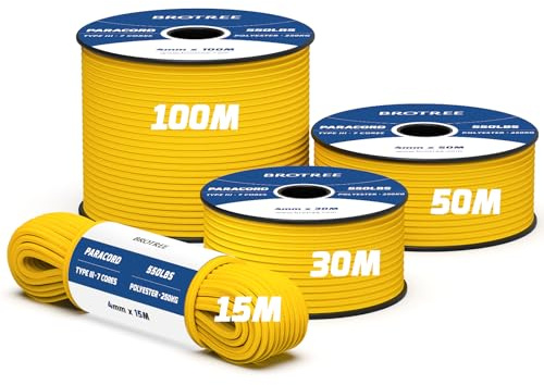 Brotree 550 Paracorde 4mm 30M Corde Polyester Type III 7 Brins - 250KG Max | Noir, 100% Polyester, Robuste, UV résistance, Pour Artisanat, Camping, Survie, Bricolage, Extérieur