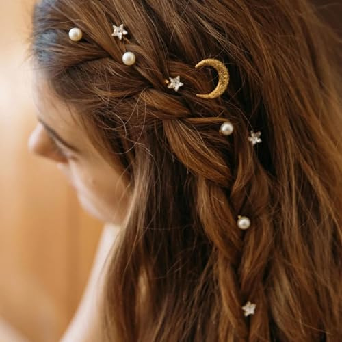TseenYi Horquillas para el pelo con forma de estrella y luna, horquillas con perlas doradas, pinzas para el pelo con forma estrella y diamantes de imitación, horquillas para pelo forma estrella y luna