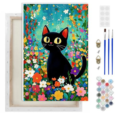 AIRDEA Katze Malen nach Zahlen Erwachsene, DIY Handgemalt Ölgemälde Kit, Blumen Paint by Numbers mit 3-Pinseln und Acrylfarbe 20x30 cm (Gerahmt)