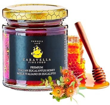 Eukalyptushonig 250g Caravella Fine Food| Rein Italienische kräftige balsamische und holzige Noten| Natürliche Antioxidantien Enzyme Beruhigend Reinigend|Ideal für Tee Wellness Hustenn Haut Entgiftung