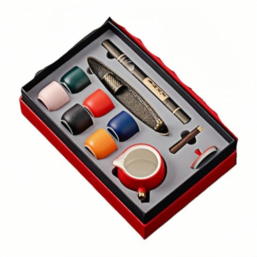 HUMOCHUSON Coffret Cadeau En Céramique Style Ancien Chinois, Bateau Solitaire, Encensoir À Thé, Théière Rouge Et Six Tasses Colorées