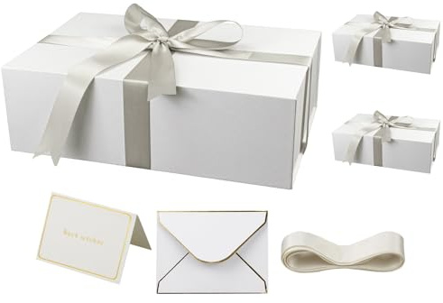 YINUOYOUJIA Große weiße Geschenkbox mit Deckel, 35,6 x 22,9 x 11,4 cm, magnetische Geschenkbox mit Band, Karten und Umschlägen für Geschenke, ideal für Hochzeit, Geburtstage, Basteln