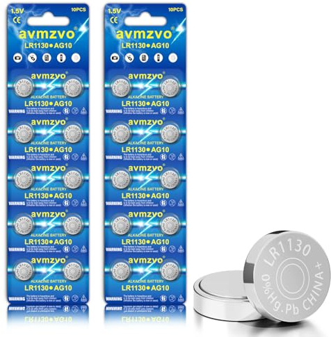 avmzvo LR1130 Button Cell Batteries AG10 LR54 189 389 1.5 V Alkaline Button Cells Pack of 20 Mercury Free Childproof Packaging