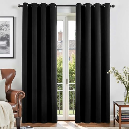 Vangao Verdunklungsvorhänge mit Ösen Blickdicht H220xB140cm 2er Set Schwarz | Blackout Curtain Black, Verdunklungsvorhänge 220 cm lang Lichtundurchlässig, Gardinen Wohnzimmer Schlafzimmer Kinderzimmer