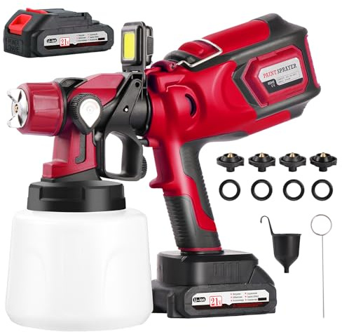 Securex Spruzzatore di Vernice Senza fili, Batteria da 2000 mAh, Serbatoio da 1400 ml, Ugelli da 0,8-2,5 mm, Flusso Regolabile, Spruzzo Uniforme per pareti, Mobili, Porte e Auto, Fai da te, rosso