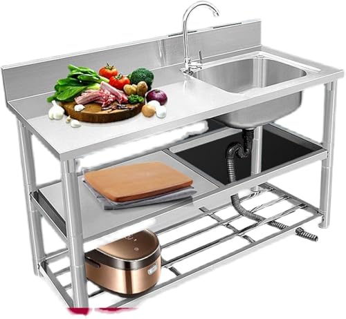 Vasca Singola Autoportante In Acciaio Inox Pratico Set Di Lavelli Da Cucina Commerciali Lavello Multiuso Con Rubinetto E Gocciolatoio Con Piano Di Lavoro E Doppi Ri, 100*50*80cm/39.4*20*31.5in