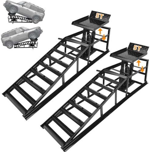 Warmfay Set di 2 rampe idrauliche per auto, 5 T/5000 kg, altezza di sollevamento regolabile da 250 – 385 mm, binario di accesso con protezione anti-attraversamento, ponte sollevatore auto (nero)