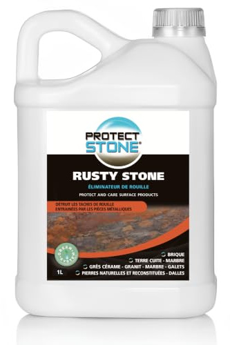 Détachant Anti-Rouille Rusty Stone – Élimine Traces de Rouille sur Pierre Naturelle, Carrelage, Tomette, Marbre, Béton – Sans Acide, N’altère Pas les Surfaces – Usage Intérieur/Extérieur 1L (5m²)