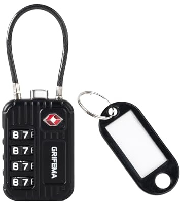 GRIFEMA GA1008, Cadenas à Combinaison 4 Chiffres Homologué TSA pour Bagages, Valises, Sacs à Dos et Casiers de Salle de Sport - Noir