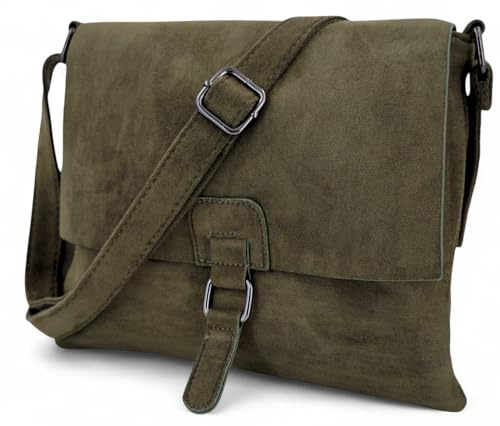 styleBREAKER Damen Umhängetasche samtige Schultertasche | Crossbody Bag mit Umschlag, Magnetknopf, Reißverschluss & verstellbarem Gurt 28,5 x 25 cm, Farbe:Oliv