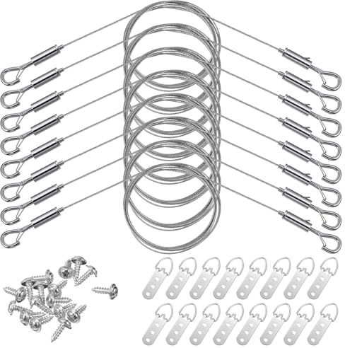 8 Pcs Picture Hanging Wire Kit 8 Adjustable Frame Wire 16 3-Hole D Rings Picture Hangers with 48 Screws for Canvas Paintings Hanging Mirror, Light Lamp, Basket Flowerpot and Decor