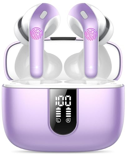 Ecouteurs Bluetooth Sans Fil, Écouteurs Bluetooth 5.3, 50 Hrs Contrôle Tactile, 4 ENC Appel Réduction Antibruit Mic, Basses Profondes, Ajustement Confortable,IP7 Étanche Casque（Violet perle classique)