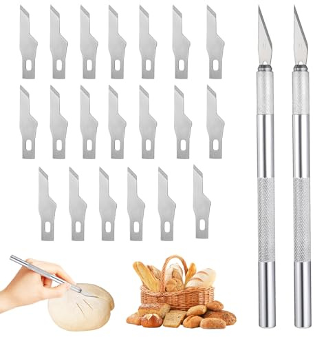 VZU 2 Stück Bäckermesser mit 20 Klingen, Brot Einschneidemesser, Brotklinge Messer Brot Einschneiden, Silber Aluminiumstab Klingen, für DIY Brotbacken Baguette Sauerteig