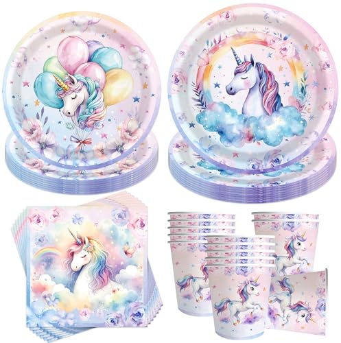 50 Stück Einhorn Partygeschirr Set,Einhorn Teller Becher,Einhorn GeburtstagGeschirr,Partygeschirr Geburtstag,Einhorn Geburtstag Set mit Papptellern,Tassenn & Servietten,Party Geschirr für 10 Gäste
