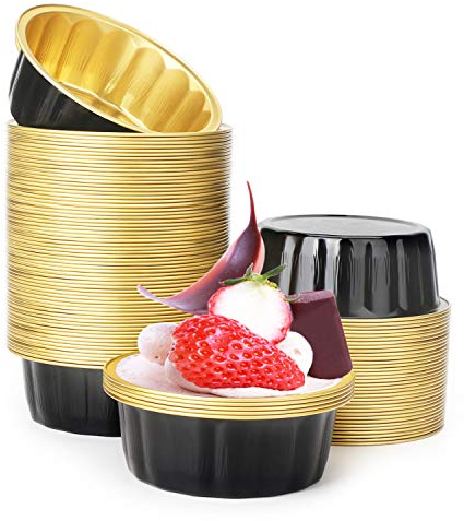 Beasea Disposable Baking Ramekins, 8 oz 100 Pack 3.9 235ml Aluminum Foil Cups Bake Utility Ramekin Cup Souffle Cup Muffin Cupcake Baking Cup Mini Pudding Cups for Party Wedding Birthday - Black Gold