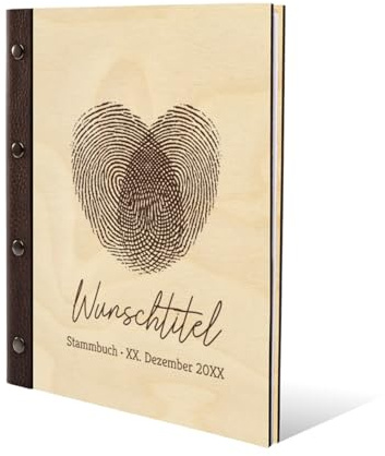 Stammbuch Birkensperrholz Gravur individuell Holzcover mit Echtleder Rücken und Extras Stammbuchformat hoch 175 x 220 mm - Fingerabdrücke