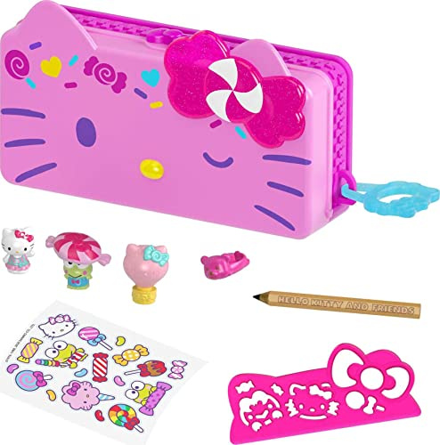 Mattel Hello Kitty GVC41 - Minis Jahrmarkt-Süßigkeiten-Federtasche (19,1 cm) mit 2 Sanrio-Figuren und Schreibwarenzubehör, tolles Spielzeug Geschenk für Kinder ab 4 Jahren