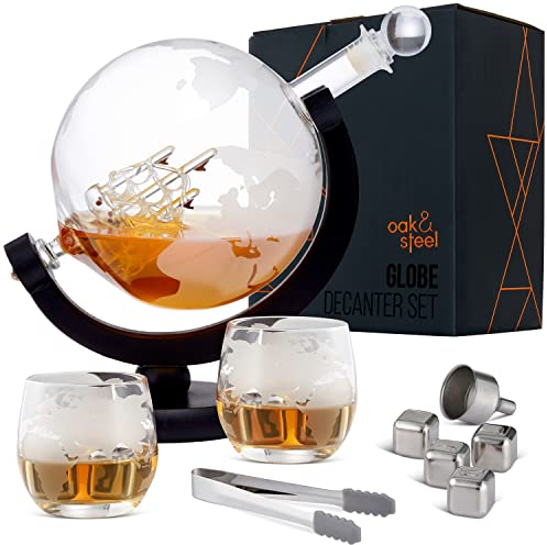 Oak & Steel - Set per Whisky Globo Decanter- 1500 ml - Include Bicchieri, Pietre per Whisky e Tappo in Vetro - Confezione con Design Raffinato