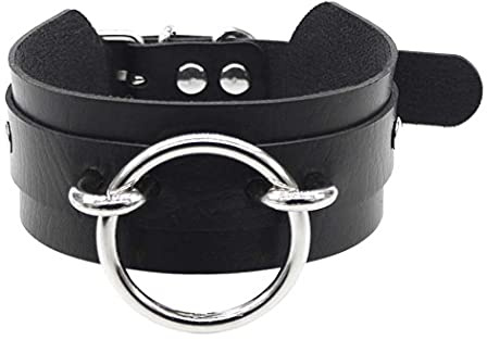 Aabellay Breit Lederhalsband Halskette Kreis Ring Form Damen Leder Choker Metall Ring Halsband Gotik Punk Rock Lederband Einstellbar Kragen - Schwarz mit Silber Ring