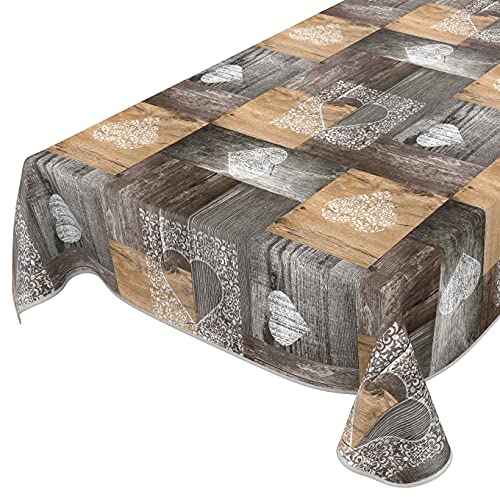 abwaschbare Tischdecke für große Tische Wachstuch Wachtuchtischdecke mit Design Holz Herz Liebe Braun 120x160cm mit Saum - Eingefasst