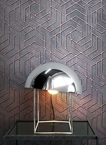 Newroom Vliestapete Grau Metallic Geometrisch Tapete Wohnzimmer | Metallic-Schimmer, changierendes Relief, Mäandermuster Kupfer-Rosé auf Grau, Art Deco Glamour, Mustertapete für Flur und Büro
