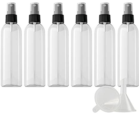 ZEOABSY 6 Piezas Transparente Botella de Spray de Plástico con Pulverizador Negro, 200 ml Conjunto de Atomizador de Viaje de Niebla Fina Tamaño de Viaje de Botella Limpieza Casa Contenedores
