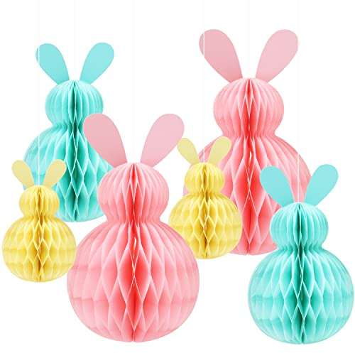 MAMUNU 6 PCS Easter Hanging Decorations, Rabbit Honeycomb Ball Pendant Decoration Hanging Bunny Pendant Ornament Easter Party Favors